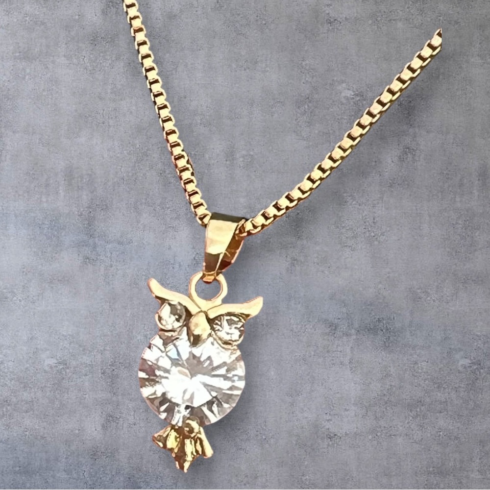 Cute clear CZ OWL design pendant gold plated with matching necklace